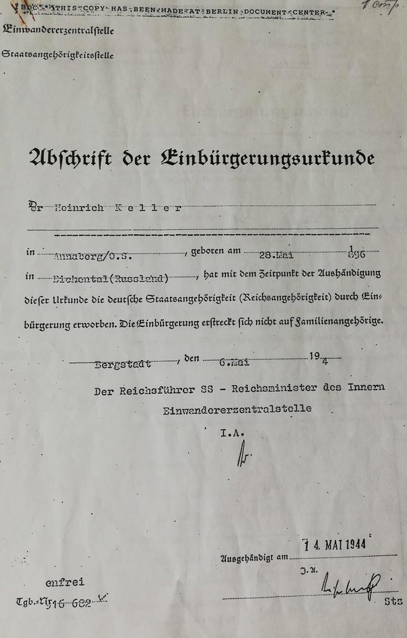 Heinrich Keller - Einbürgerungsurkunde (1944)