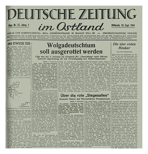 Propagandistischer Bericht der Deutschen Zeitung im Ostland aus Riga über die Deportation der Deutschen in der Sowjetunion