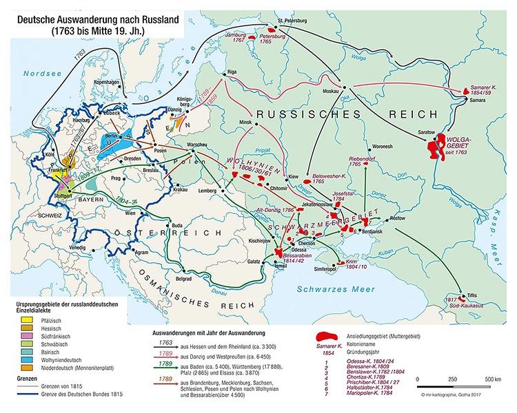 Deutsche Auswanderung nach Russland von 1763 bis Mitte des 19. Jahrhunderts. (bpb, mr-kartographie) Lizenz: CC BY-NC-ND 3.0 DE